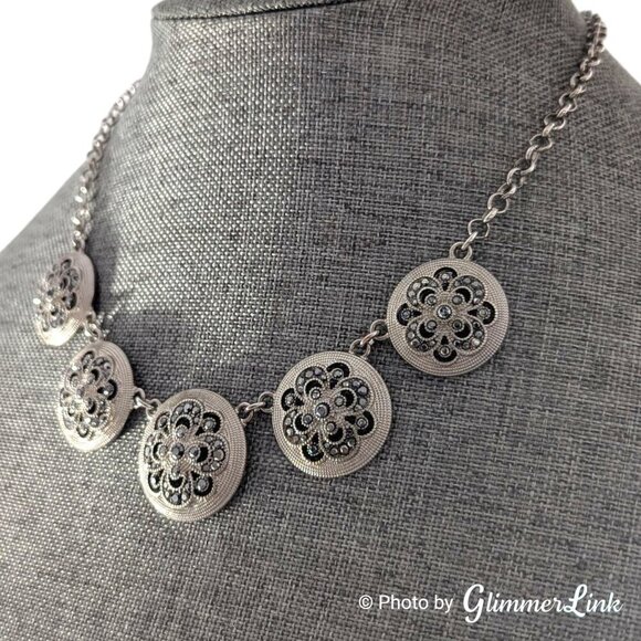 Trifari Floral Ornate Faux Marcasite Circles Silver Tone Necklace - Picture 4 of 13